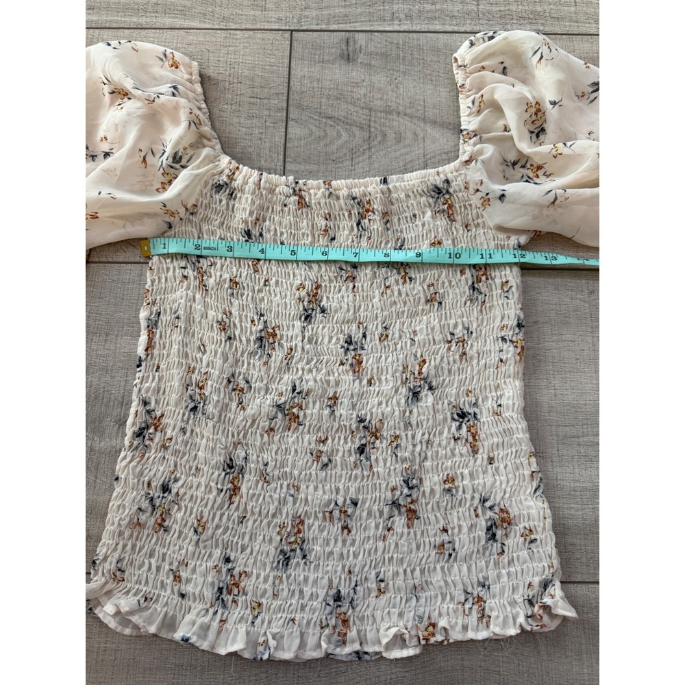 Floral Smocked Square Neck Top Sheer Balloon Sleeve Cream - M - Picture 3 of 4